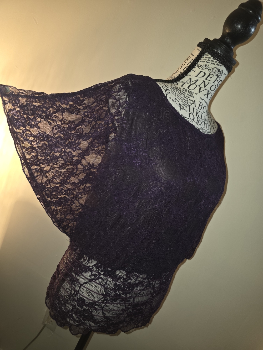Sheer Lace Flutter-Sleeve Chemise in Deep Purple
